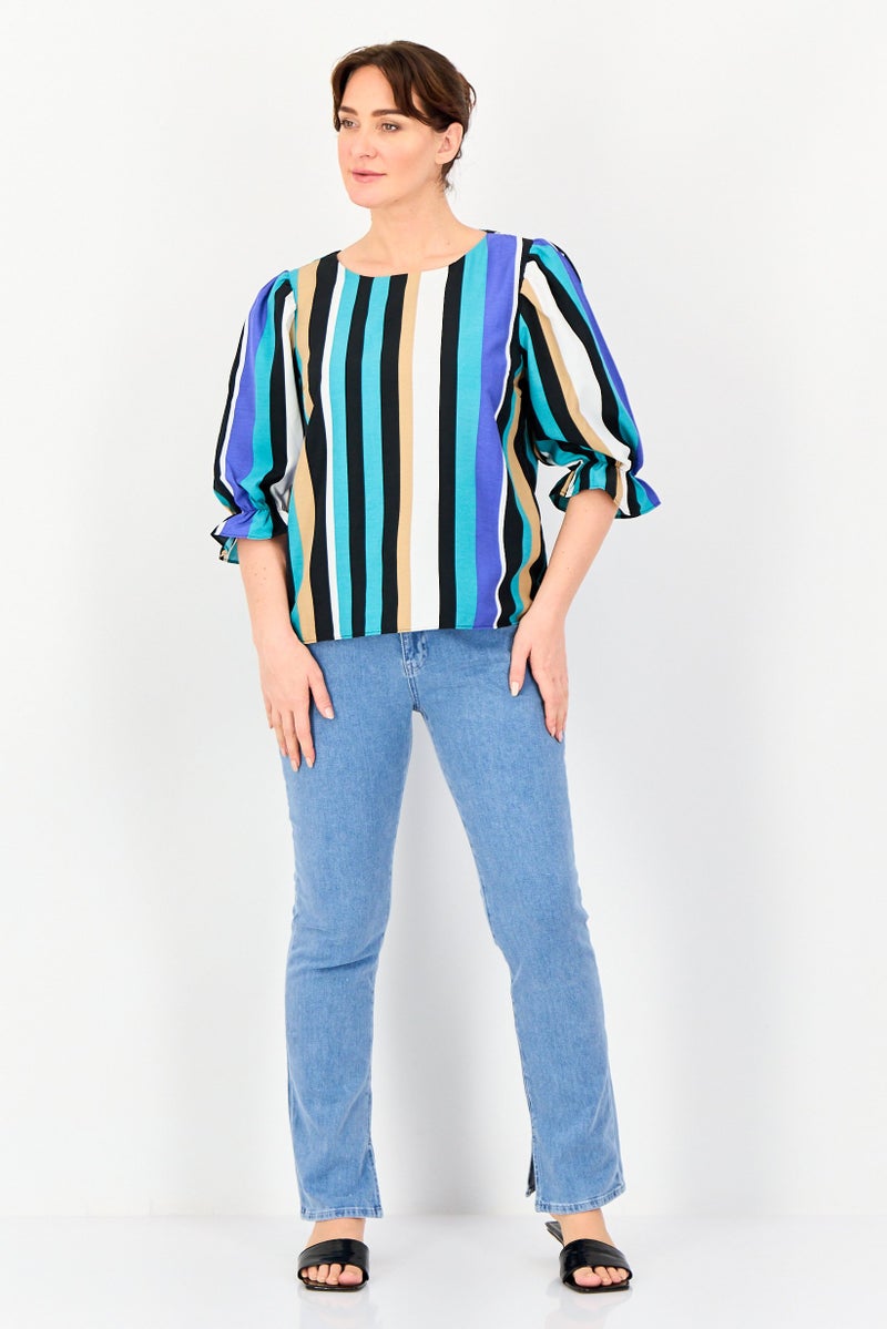 VERO MODA I Scenery by Vero Moda Women Crew Neck Elbow Sleeve Stripe Blouse, Multicolor - Image 4