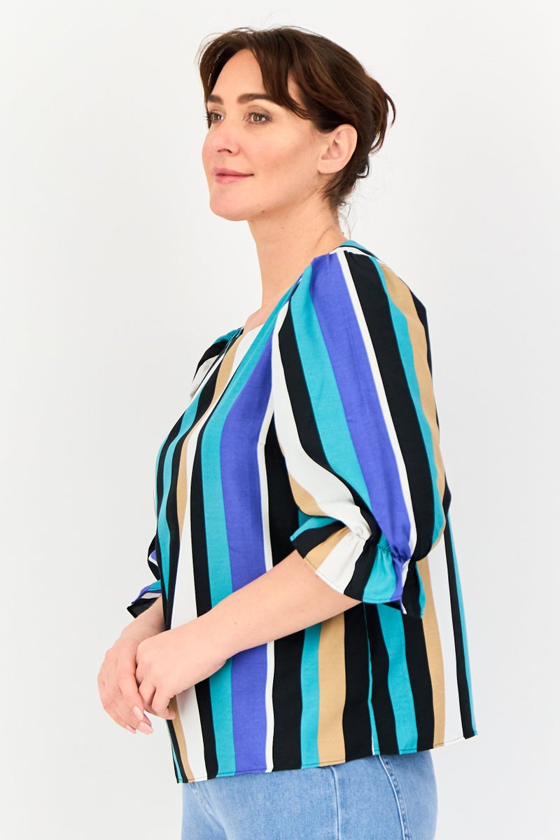 VERO MODA I Scenery by Vero Moda Women Crew Neck Elbow Sleeve Stripe Blouse, Multicolor - Image 2