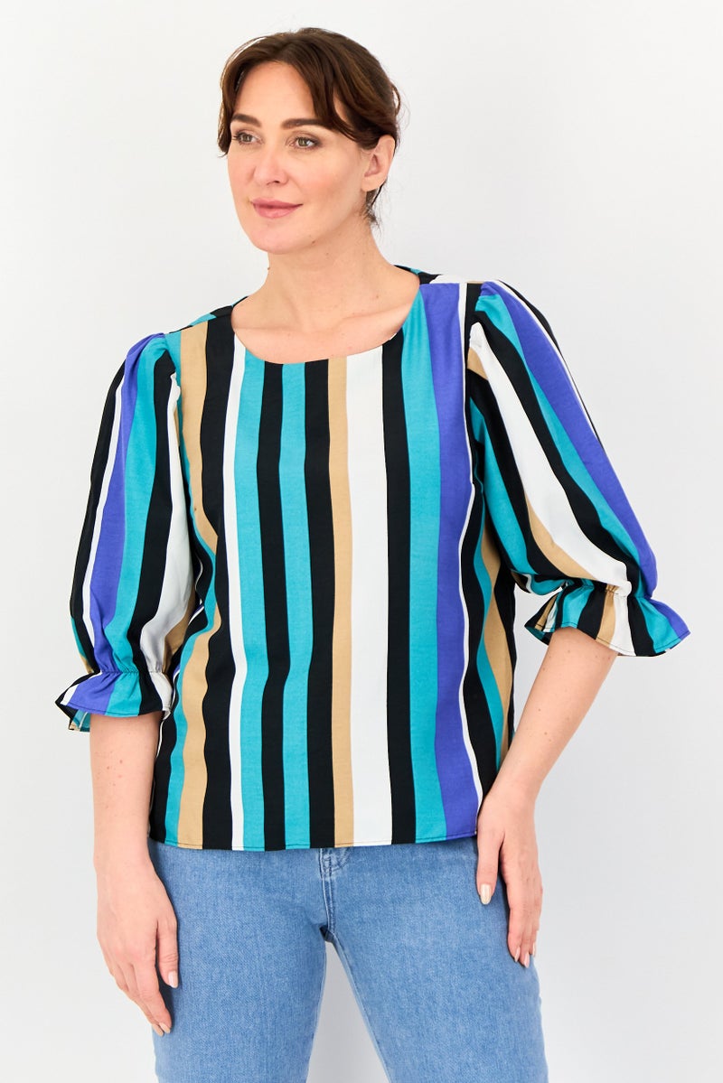 VERO MODA I Scenery by Vero Moda Women Crew Neck Elbow Sleeve Stripe Blouse, Multicolor - Image 1