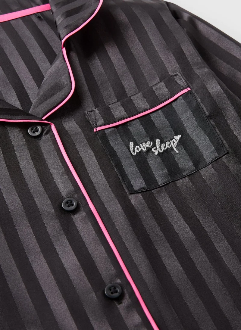 ماتلان طقم بيجامة بناتي من الساتان الأسود بنقش الجاكار