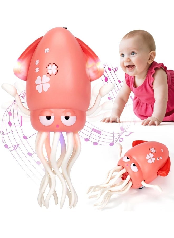 Crawling Baby Toys, Dancing Octopus Toy, Infant Tummy Time Crawling Toys with Light Music, Interactive Sensory Toys for Toddler, Funny Squid for Office Desk Decor, Pink - Image 1