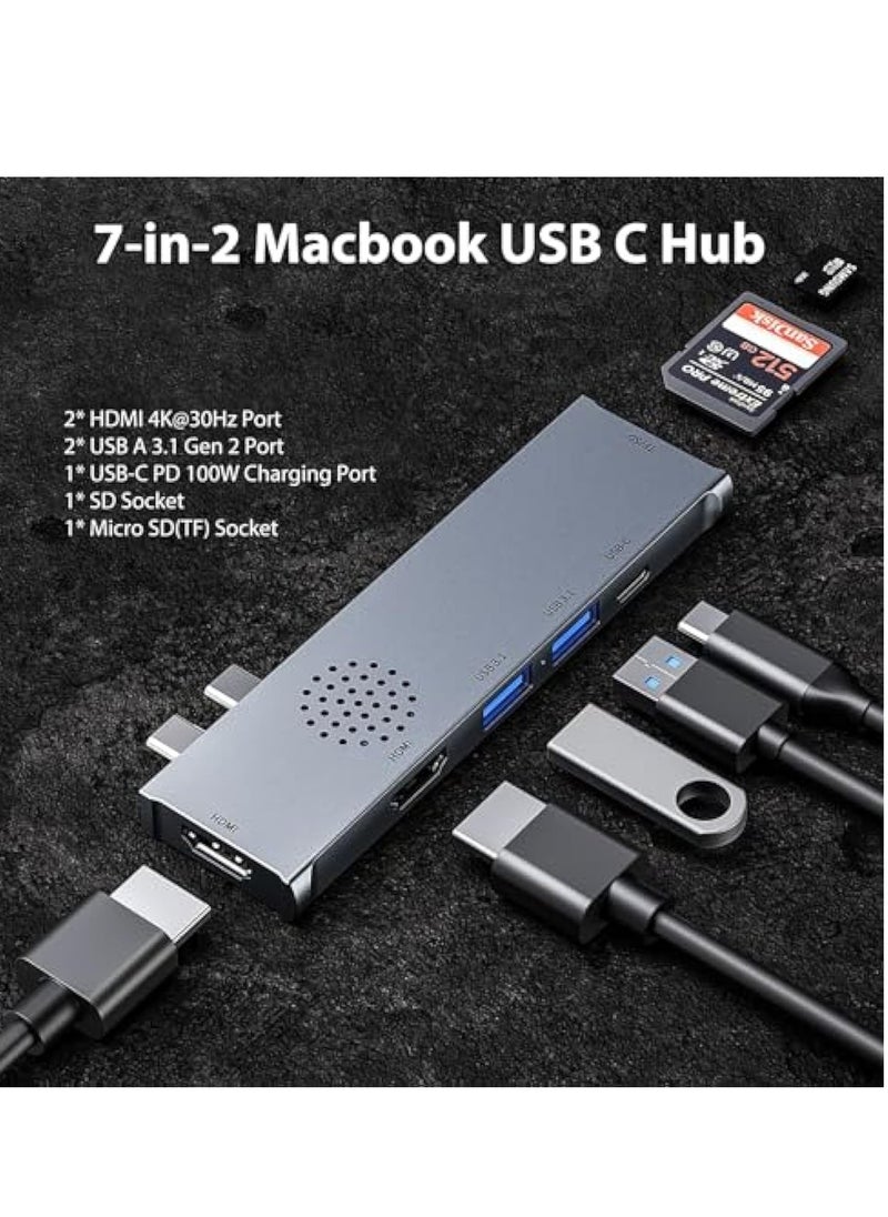 KASTWAVE Aluminum USB C Hub for MacBook Pro/Air, 7-in-2 Triple Display Multiport Adapter, Portable USB Adapter Multiport Expander, with 2*HDMI 4K@30Hz Port, 100W PD, 2*USB 3.1, SD & Micro SD Card Reader  - Image 2