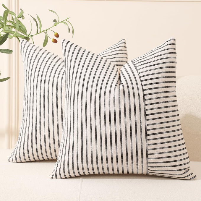 BLACK AND BEIGE PATCHWORK FARMHOUSE THROW PILLOW COVERS 16 X 16 INCH PACK OF 2 STRIPED LINEN DECORATIVE PILLOW CASE FOR SOFA COUCH CHAIR BEDROOM MODERN DECOR 16 X 16 BLACK