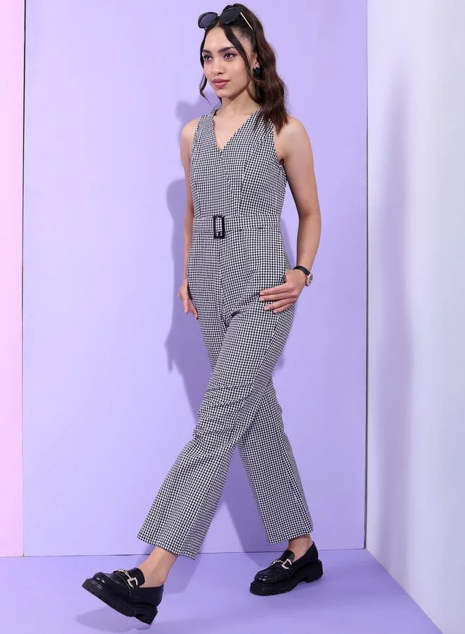 Tokyo Talkies Tokyo Talkies Gingham Checked Cotton Jumpsuit with Belt Detail
