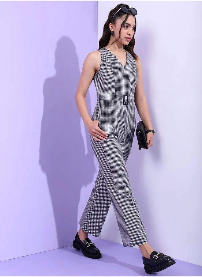 طوكيو توكيز Gingham Checked Cotton Jumpsuit with Belt Detail