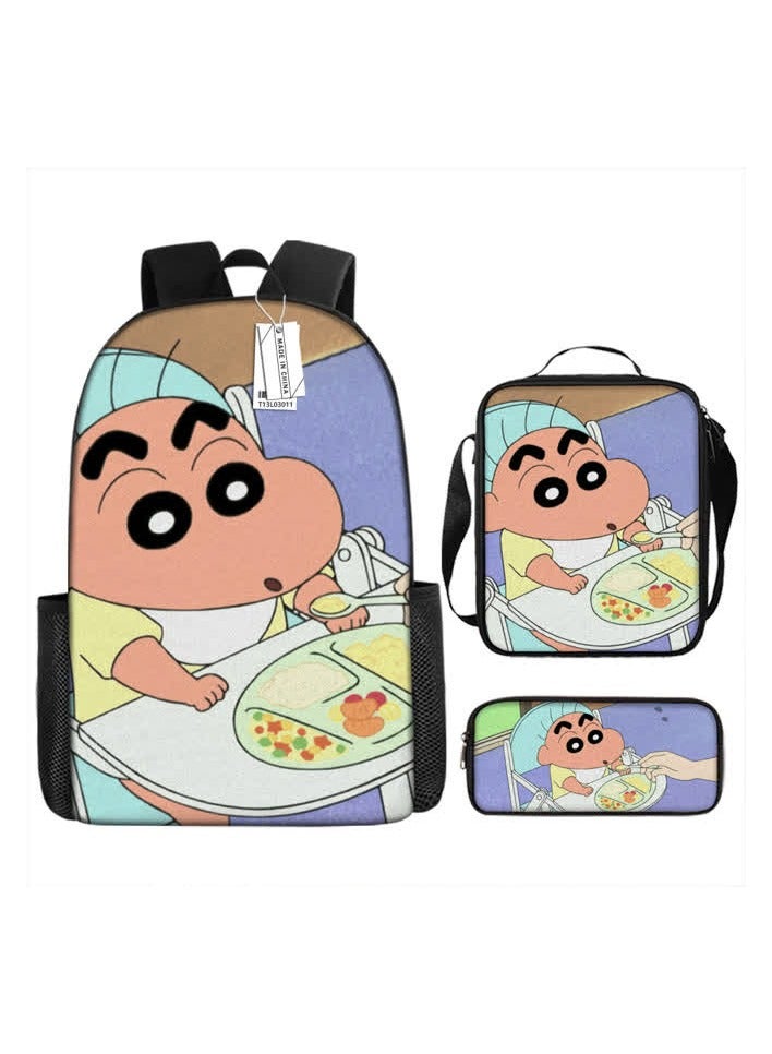 general Crayon Shin-chan cartoon backpack primary and secondary school students' schoolbag large-capacity backpack printed satchel pen bag,12-three-piece set (backpack + satchel + pencil bag) - Image 1