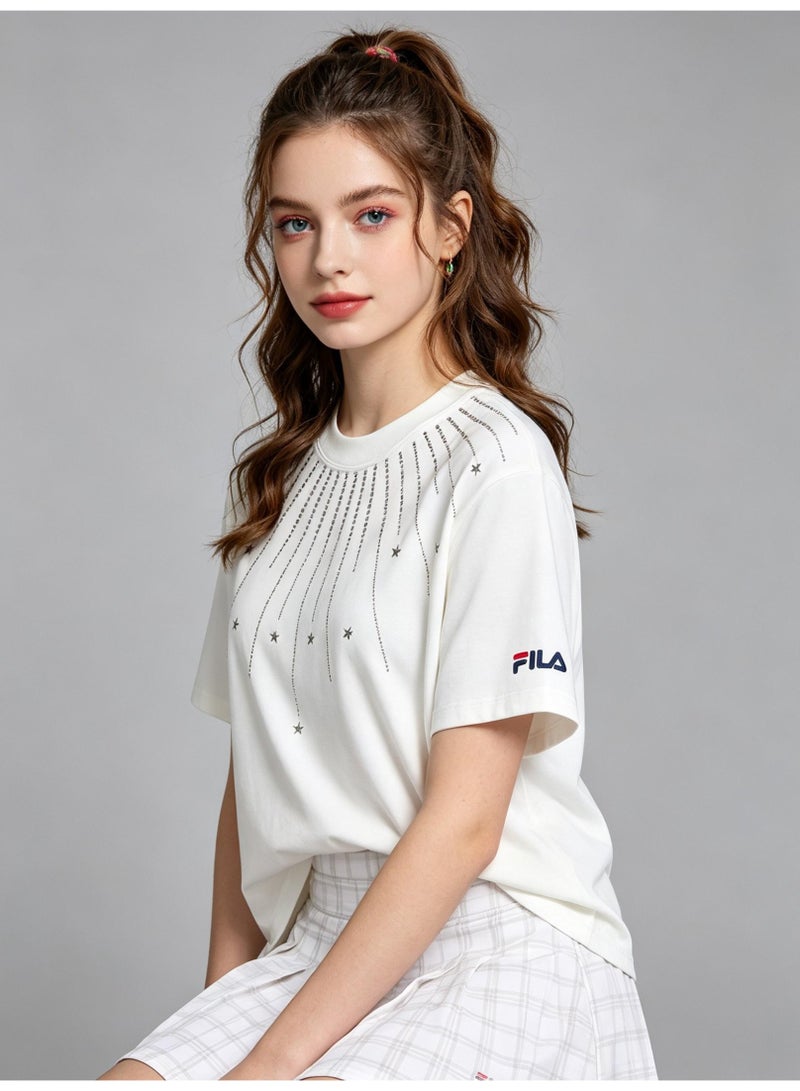 FILA all over the sky hot drilling meteor short men and women summer cotton loose round neck short sleeve T-shirt - Image 3