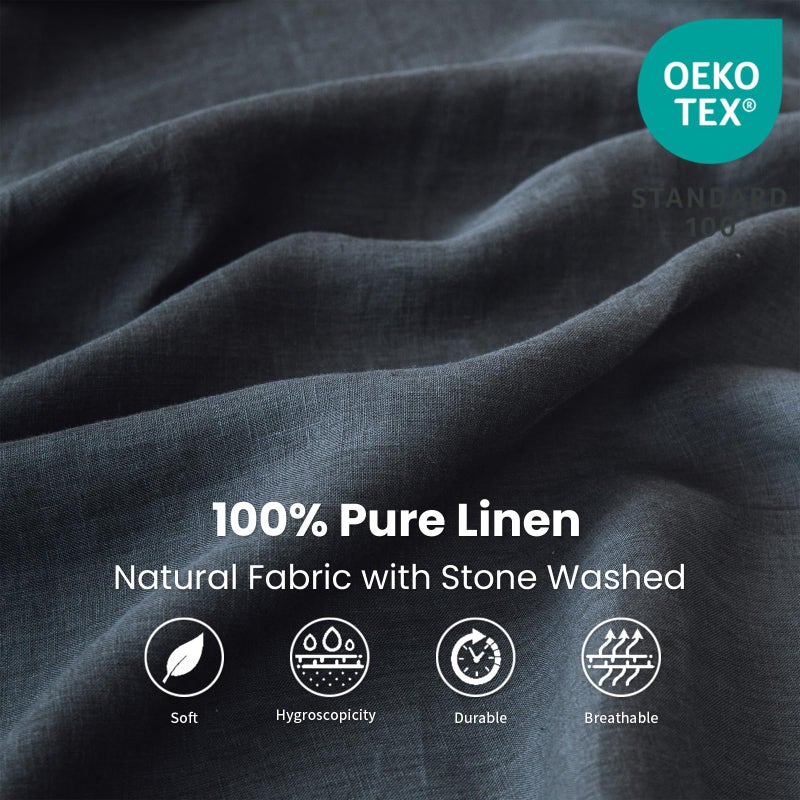 King Linens ملاءة سرير كينغ من الكتان 100% مغسولة بالحجر بلون صلب - (1 قطعة) بعمق 14 بوصة غطاء مرتبة ناعم طبيعي قابل للتنفس بأسلوب المزرعة - رمادي داكن، حجم كامل - Image 2