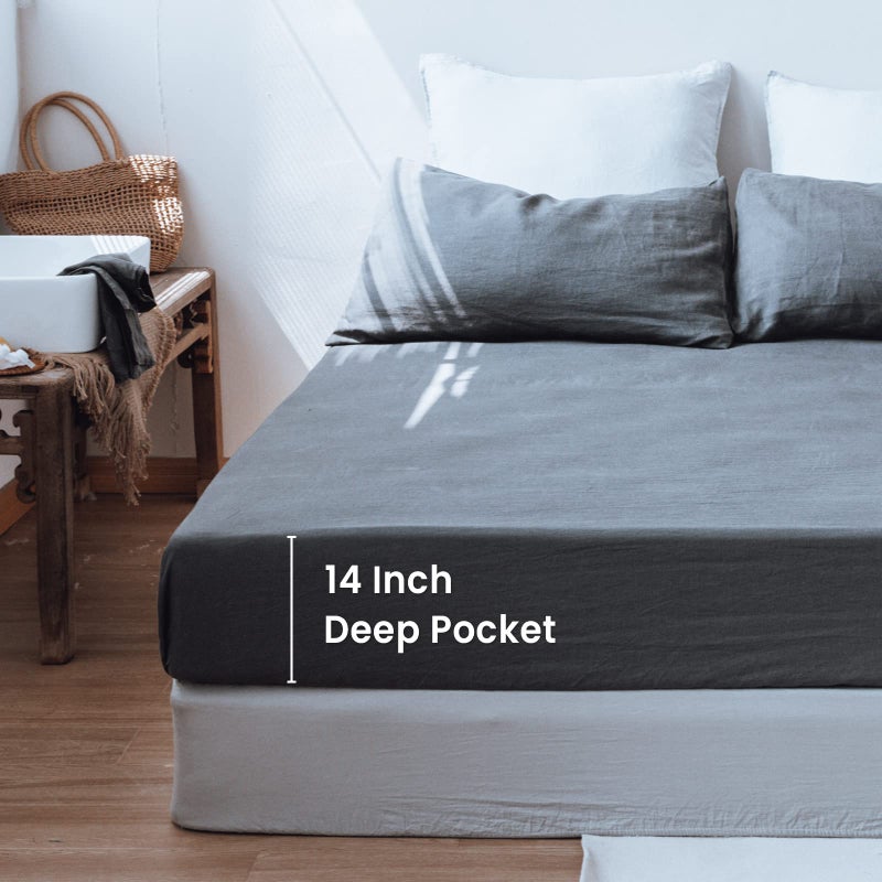 King Linens ملاءة سرير كينغ من الكتان 100% مغسولة بالحجر بلون صلب - (1 قطعة) بعمق 14 بوصة غطاء مرتبة ناعم طبيعي قابل للتنفس بأسلوب المزرعة - رمادي داكن، حجم كامل - Image 4