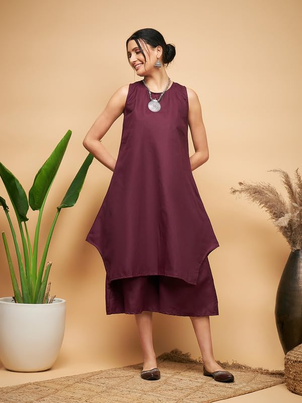 InWeave WINE SOLID POPLIN SHORT KURTA PALAZZO SET - Image 2