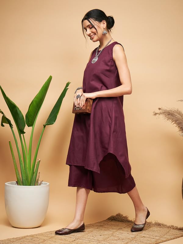 InWeave WINE SOLID POPLIN SHORT KURTA PALAZZO SET - Image 5
