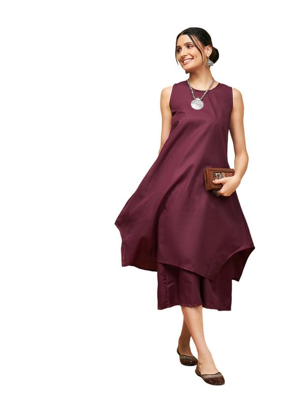 InWeave WINE SOLID POPLIN SHORT KURTA PALAZZO SET - Image 1