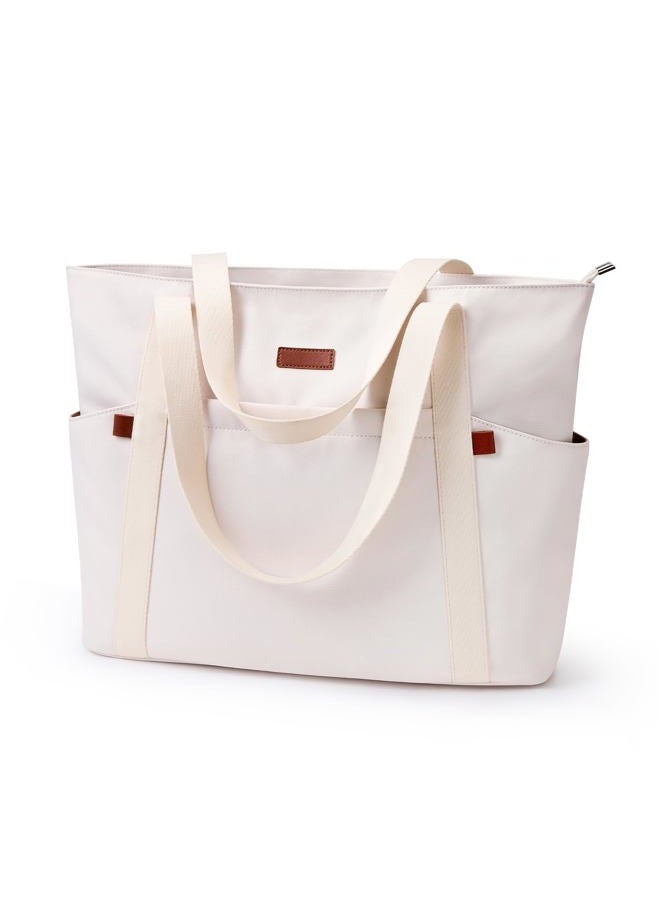 DIXEIGHT Handbags for Women Large Capacity Tote Bag with Zip and Multi-Pockets Lightweight Waterproof Nylon Shoulder Bag, Beige, Medium - Image 1