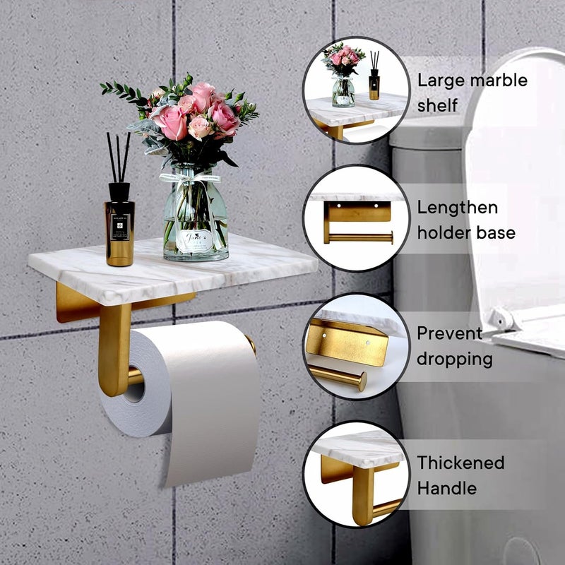 Nodafuer Toilet Paper Holder with Natural Marble Shelf - Wall Mounted Tissue Holder for Mega Roll (Brushed Gold, 7.87 x 4.72 in) - Image 3