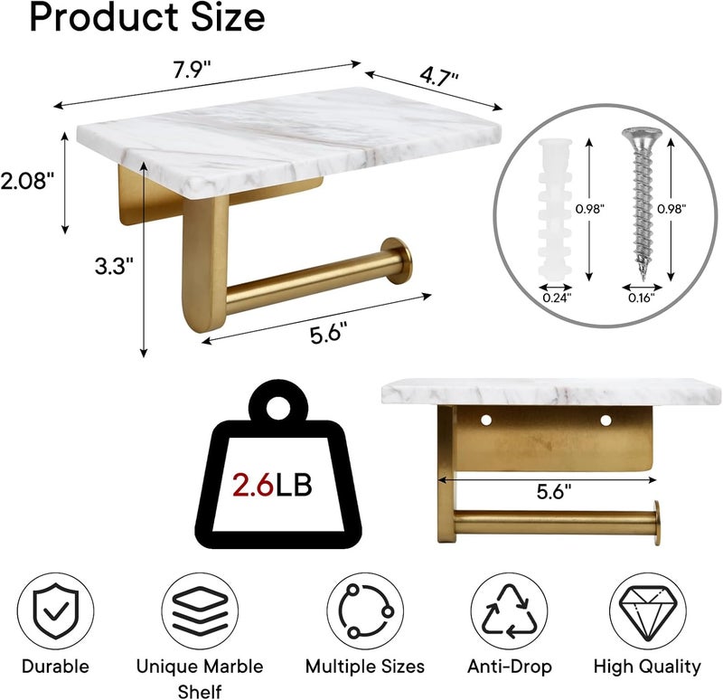 Nodafuer Toilet Paper Holder with Natural Marble Shelf - Wall Mounted Tissue Holder for Mega Roll (Brushed Gold, 7.87 x 4.72 in) - Image 2