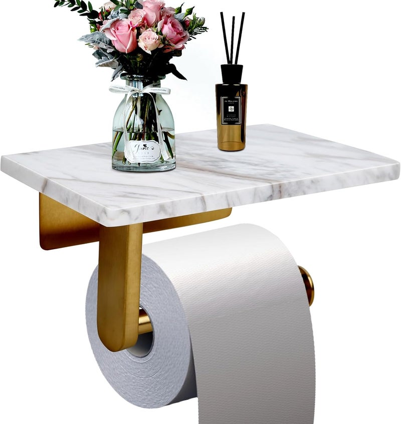 Nodafuer Toilet Paper Holder with Natural Marble Shelf - Wall Mounted Tissue Holder for Mega Roll (Brushed Gold, 7.87 x 4.72 in) - Image 1