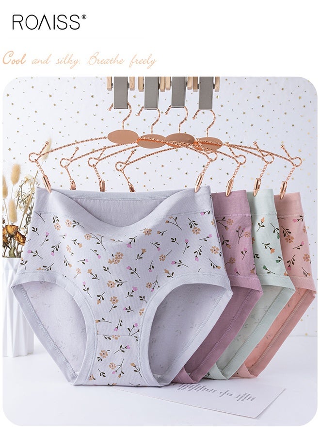 ملابس داخلية مريحة من القطن عالية الخصر بمقاسات كبيرة، سراويل داخلية مضادة للبكتيريا بطبعة زهور، عبوة من 4 قطع للنساء، سراويل داخلية مثلثة ناعمة قابلة للتنفس، عبوة متعددة