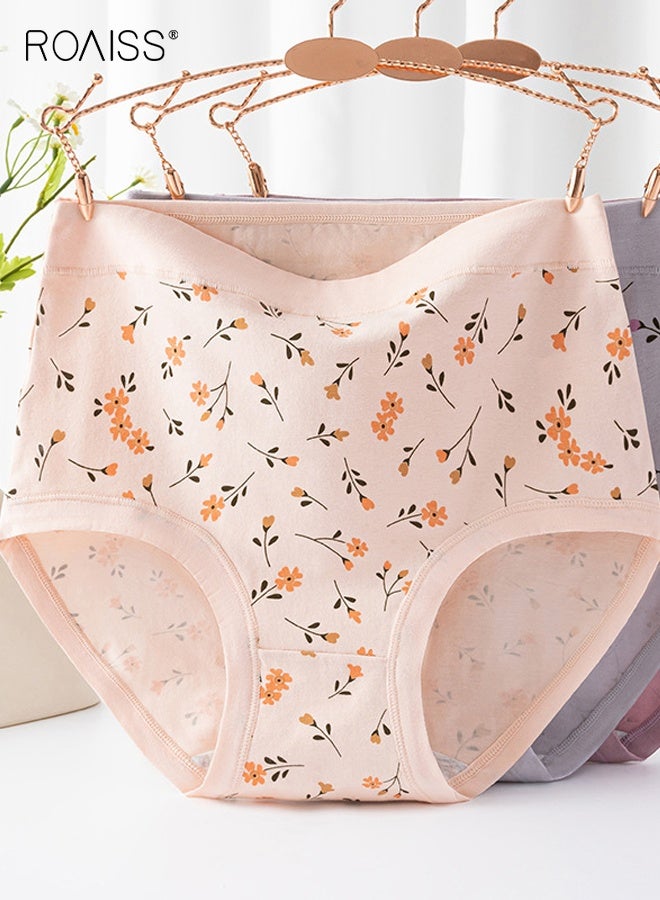 ملابس داخلية مريحة من القطن عالية الخصر بمقاسات كبيرة، سراويل داخلية مضادة للبكتيريا بطبعة زهور، عبوة من 4 قطع للنساء، سراويل داخلية مثلثة ناعمة قابلة للتنفس، عبوة متعددة