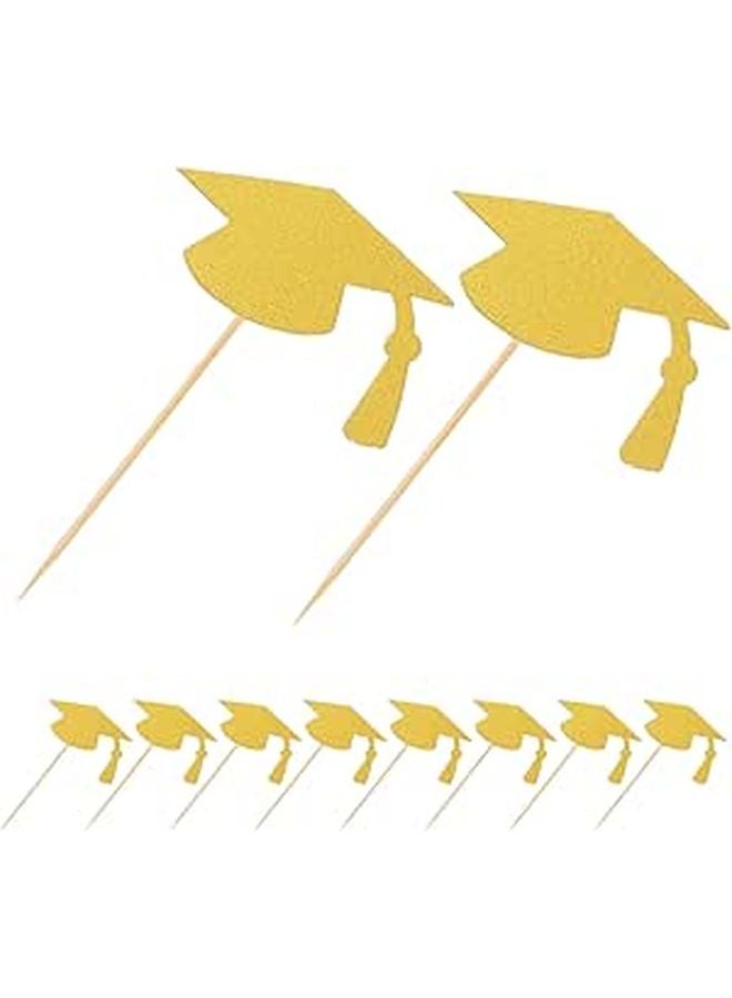 24 Gold Graduation Cap Cake Toppers Cupcake Picks Non Edible Party Decorations - Image 1