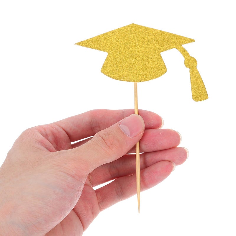 24 Gold Graduation Cap Cake Toppers Cupcake Picks Non Edible Party Decorations - Image 4
