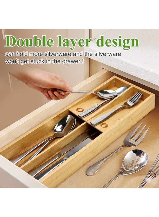 Hilislog Bamboo Silverware Drawer Organizer Small Flatware Tray Wooden Kitchen Silverware Organizer for Drawer Utensil Holder Tray Narrow Cutlery Caddy Wood Fork and Spoon Drawer Skinny Flatware Organizer - Image 3