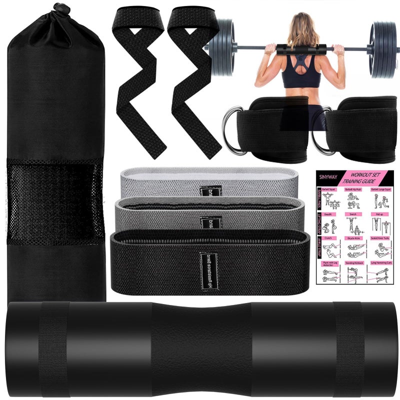 SINYWAY 10 PCS Barbell Pad Set for Squat, Hip Thrusts Pad for Squats,Bench Press with Barbell Pad, 2 Gym Ankle Straps,3 Hip Resistance Bands,Lifting Strap,Workout Poster Gym Equipment Accessoriesï¼ˆBlackï¼‰ - Image 1