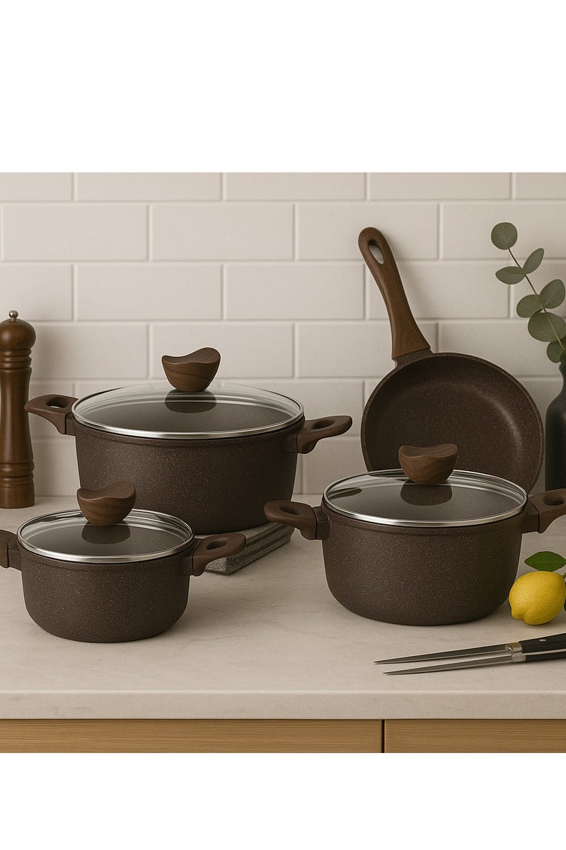 Baroly 7-Piece Granite Cooking Pots Set with Brown Glass Lids