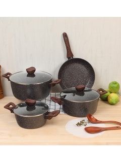 Baroly 7-Piece Granite Cooking Pots Set with Brown Glass Lids 