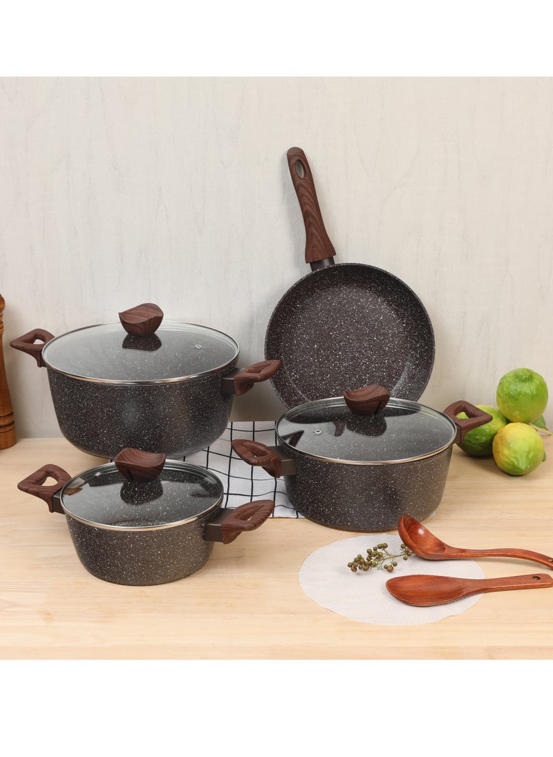 Baroly 7-Piece Granite Cooking Pots Set with Brown Glass Lids 