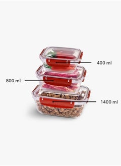 dunya Dunya plastic BPA free rectangular master container set air tighted lid can be used for food storage meal prep food storage set of 3pcs varies in the set 400,800,1400 ml red  - Image 2