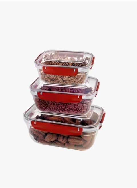 Dunya plastic BPA free rectangular master container set air tighted lid can be used for food storage meal prep food storage set of 3pcs varies in the set 400,800,1400 ml red