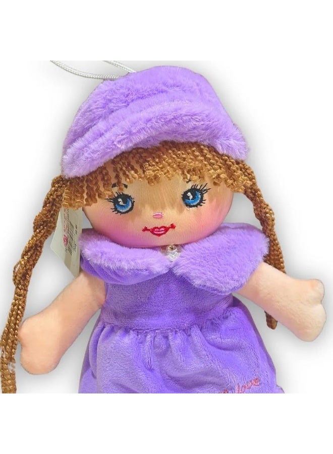 Cute Little Plush Doll With Two Braided Hair and Matching Purple Dress - Image 2