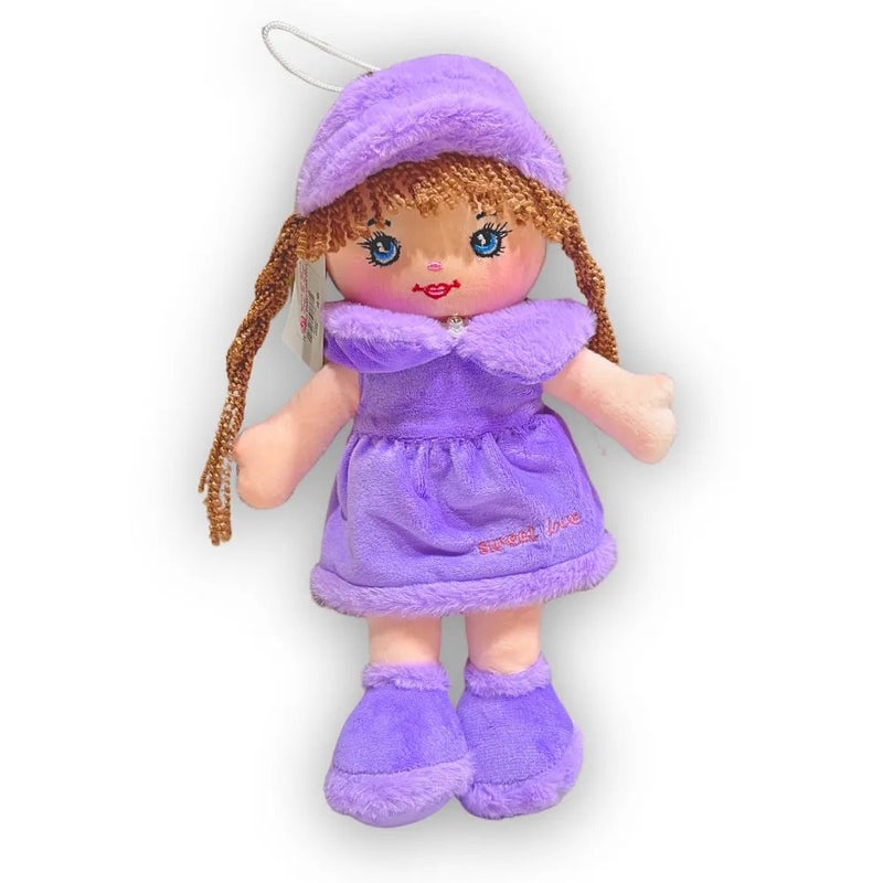 Cute Little Plush Doll With Two Braided Hair and Matching Purple Dress - Image 1