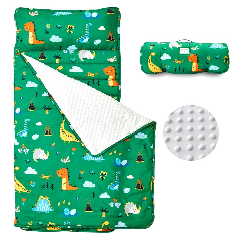 beeweed Toddler Nap Mat, Rollup Design Kid Sleeping Mat with Removable Pillow & Minky Blanket, Toddler Sleeping Bag for Daycare Preschool Travel Camping, Dinosaur - Image 1