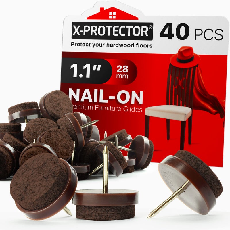 X-Protector Nail-on Felt Pads X-PROTECTOR 40 PCS - 1.1" Felt Furniture Pads - Brown Chair Leg Floor Protectors - Nail in Furniture Pads for Furniture Legs - The Best Felt Chair Pads for Hardwood Floors (28mm)! - Image 1