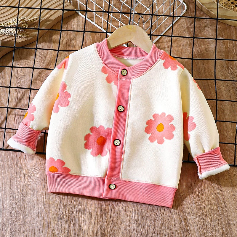 2024 Autumn and Winter New Childrens All-match Knitted Coat Boys Girls Baby Warm Cardigan Thickened Outer Wear Sweater Wt07-pink large flower 
