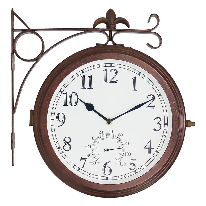 BESTIME 66276A Double Sided Metal Wall Clock with Antique Red Copper Dial 10InchThermometer QuietEasy ReadRetro StationAntique Hanging Clocks for GardenHome DecorIndoorOutdoorLiving Room