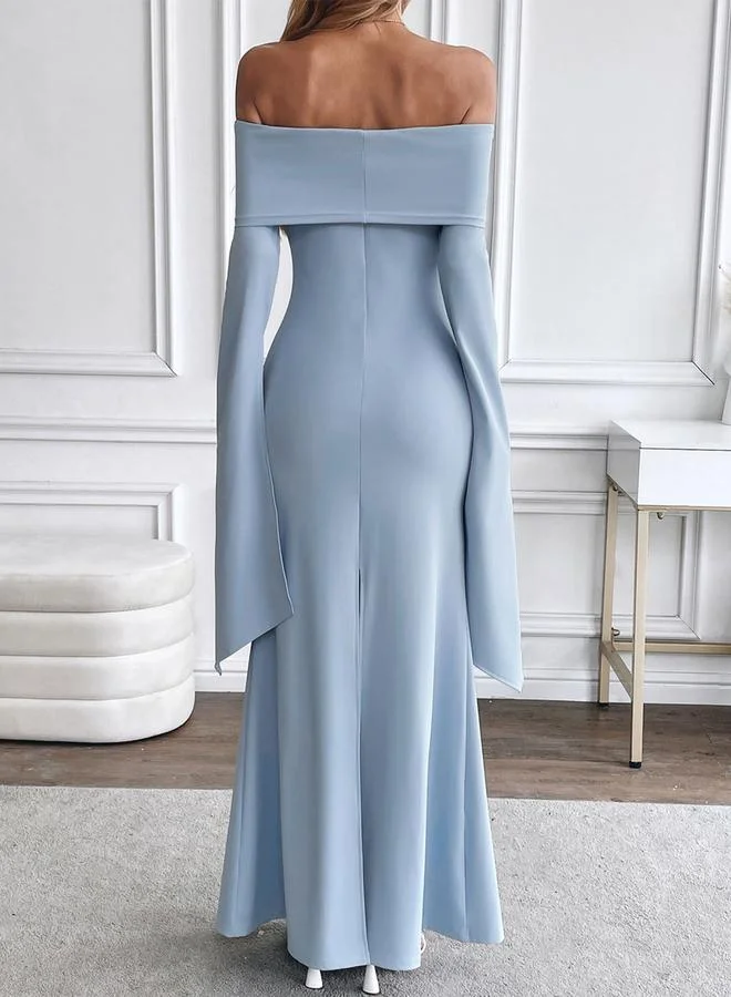 Styli  Light Blue Off Shoulder Mermaid Maxi Dress for Women | Best Price UAE