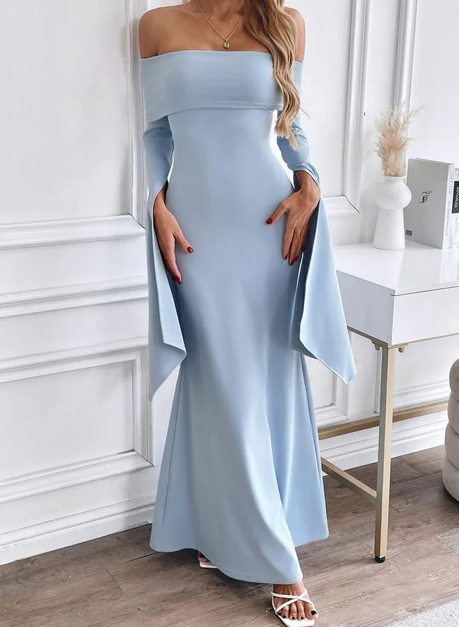 Styli  Light Blue Off Shoulder Mermaid Maxi Dress for Women | Best Price UAE