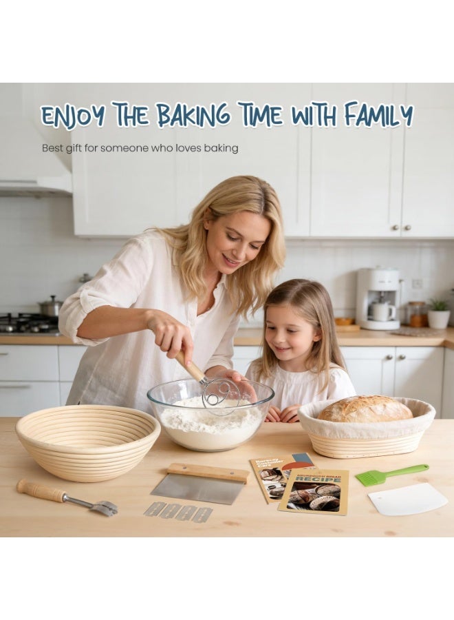 Bread Banneton Proofing Basket Set of 2, 9 Inch Round & 10 Oval Cane Sourdough Baskets with Lame + Dough Scraper Linen Liner Basting Brush for Making Baking Fermentation - Image 3
