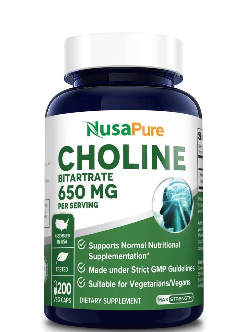 NusaPure Choline Bitartrate 650 Mg 200 Capsules