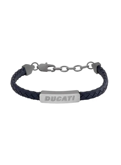 Ducati Tensione Gunmetal Stainless Steel Blue Braided Leather Bracelet for Men 190mm
