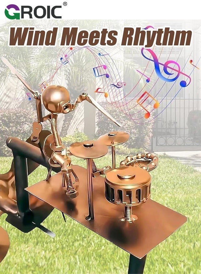 GROIC Handmade Metal Drummer Windmill, Rock Art Sculptures, Wind-Powered Kinetic Figurines, Wind Spinners for Garden Yard Lawn Patio Decor, Unique Drummer Statue Gift for Music Lovers - Image 2