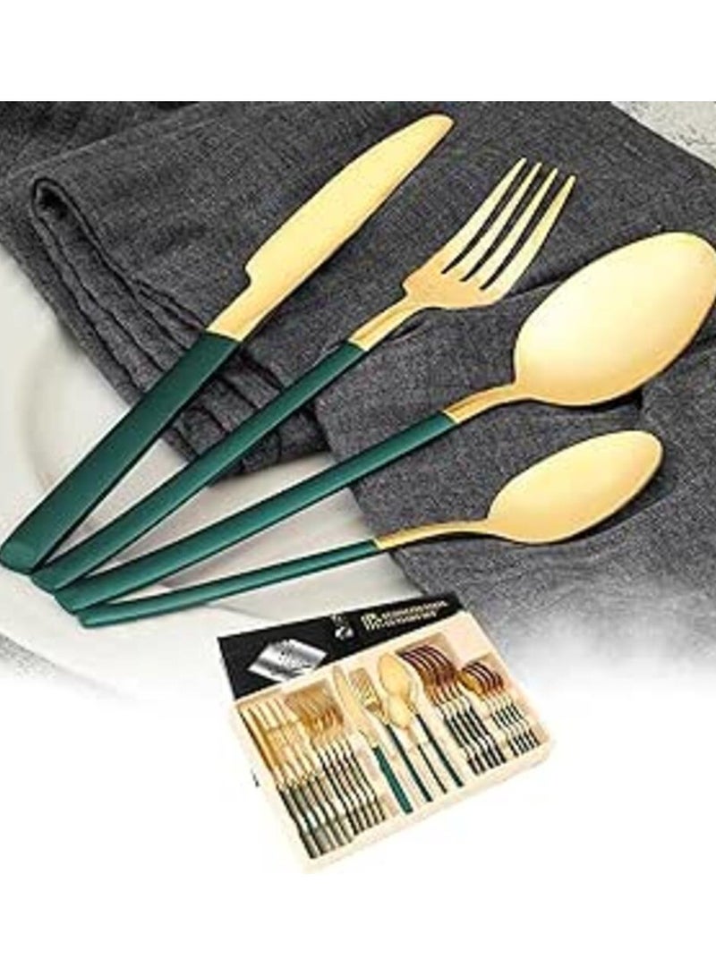 Imported stainless steel dinner set, 24 pieces, with marble handle and gold stand - dark green - Image 1