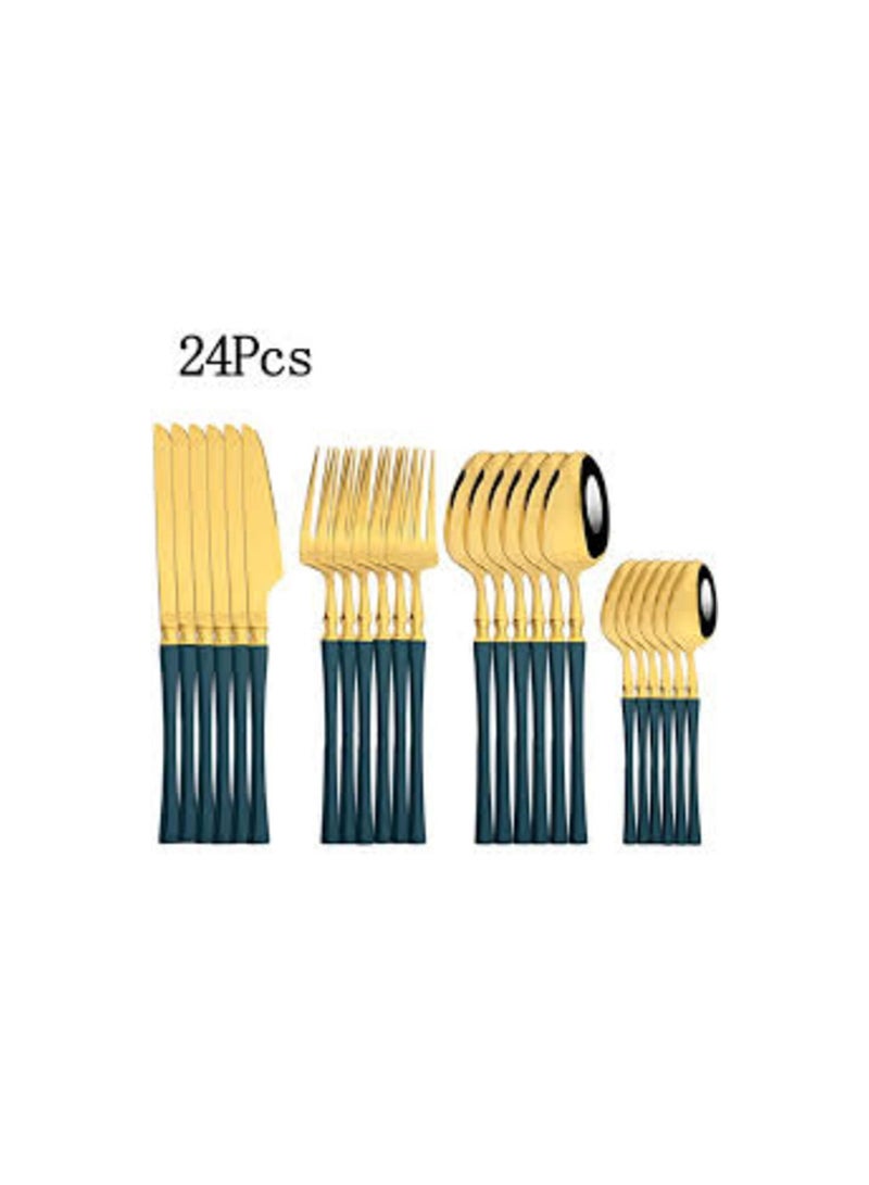 Imported stainless steel dinner set, 24 pieces, with marble handle and gold stand - dark green - Image 2