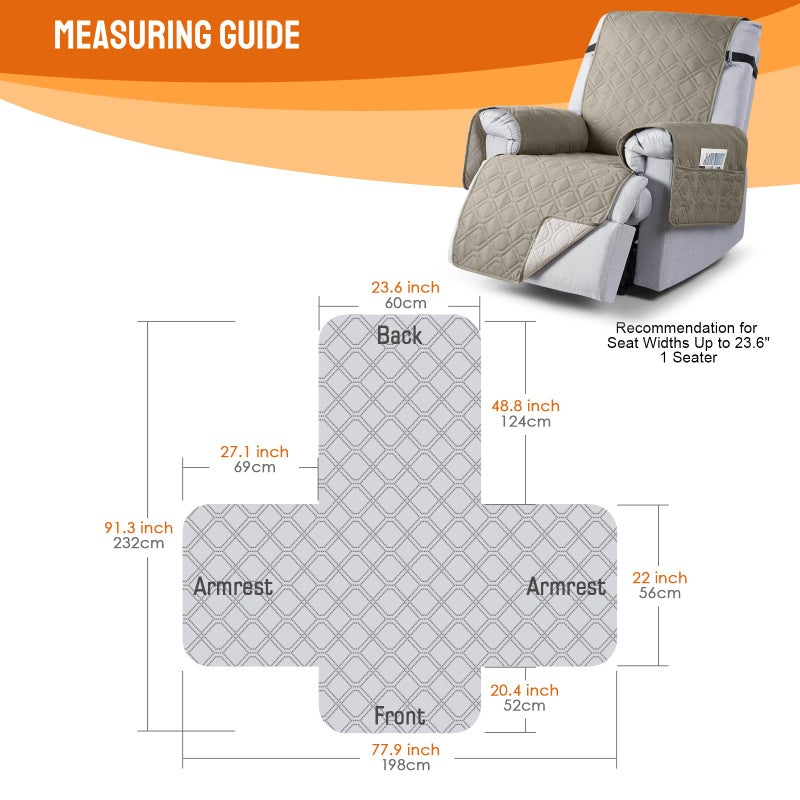 VANSOFY 100% Waterproof Recliner Chair Covers, Recliner Cover Non-Slip Dog Chair Cover Furniture Protector Washable Slipcover with Pocket, Elastic Straps for Pets, Dogs(Khaki, 23.6") - Image 2