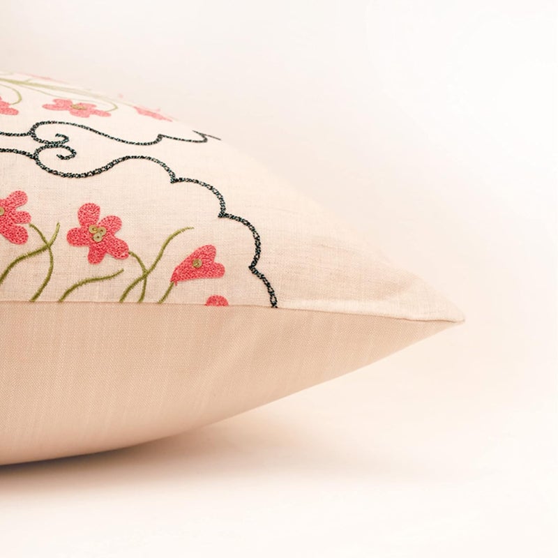 ZEBA World Hand Embroidered 100% Linen Cushion Cover - Decorative | Sofa, Bedroom, Couch | Floral Embrodiery - Off White Pink - 20x20 inch (53x53 cms) (Pack of 1) - Image 4