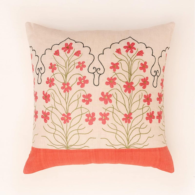 ZEBA World Hand Embroidered 100% Linen Cushion Cover - Decorative | Sofa, Bedroom, Couch | Floral Embrodiery - Off White Pink - 20x20 inch (53x53 cms) (Pack of 1) - Image 2