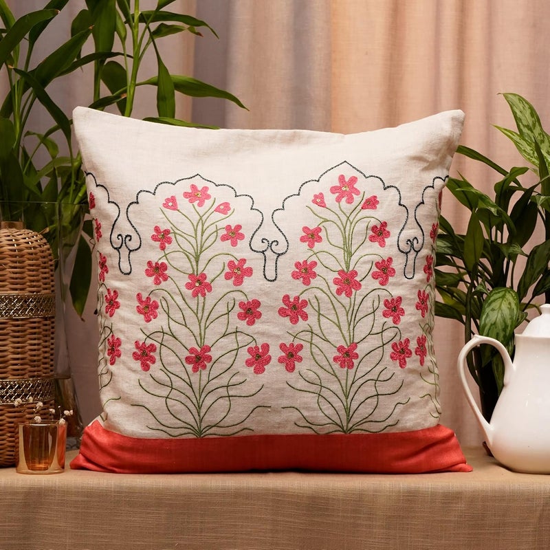 ZEBA World Hand Embroidered 100% Linen Cushion Cover - Decorative | Sofa, Bedroom, Couch | Floral Embrodiery - Off White Pink - 20x20 inch (53x53 cms) (Pack of 1) - Image 1