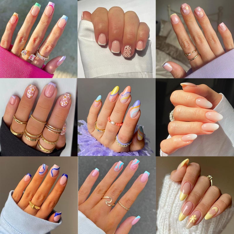 Jsiallye 9 Packs Press on Nails Short,Flower French Press on Nails Square And Almond,Gradient Glue on Nails for Girl Nail Art, 12 Size of Fake Nails - 9 Styles Nail Kits - Image 1
